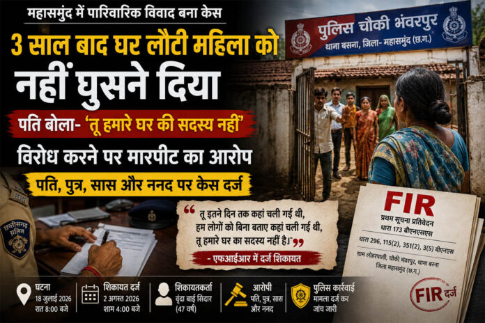 महासमुंद: 3 साल बाद दिल्ली से लौटी महिला को घर में नहीं घुसने दिया, पति बोला- 'तू हमारे घर की सदस्य नहीं'; विरोध करने पर मारपीट, पति समेत चार पर केस दर्ज