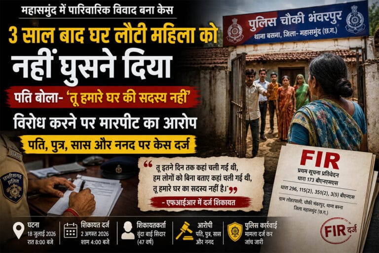 महासमुंद: 3 साल बाद दिल्ली से लौटी महिला को घर में नहीं घुसने दिया, पति बोला- ‘तू हमारे घर की सदस्य नहीं’; विरोध करने पर मारपीट, पति समेत चार पर केस दर्ज