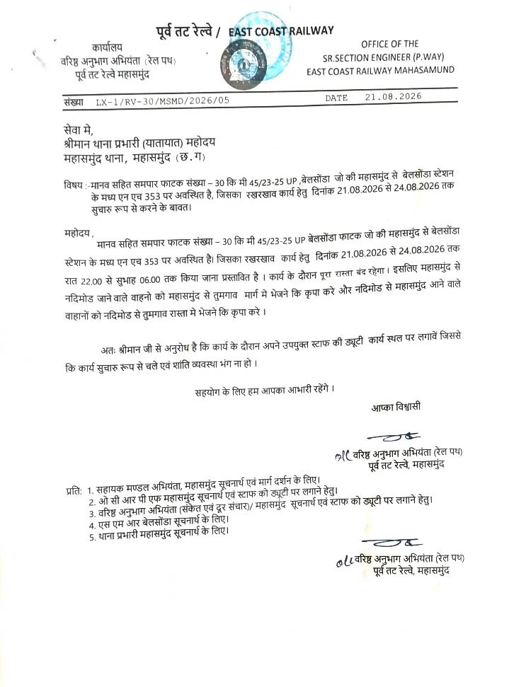 रायपुर जाने वाले सावधान! बेलसोंडा रेलवे फाटक 4 रात रहेगा बंद, 24 किमी घूमकर तुमगांव से जाना होगा WebMorcha Mart sitename%