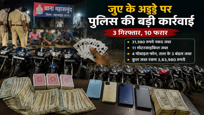 बेमचा में तालाब किनारे जुए के अड्डे पर पुलिस की दबिश, 3 गिरफ्तार; 10 आरोपी फरार