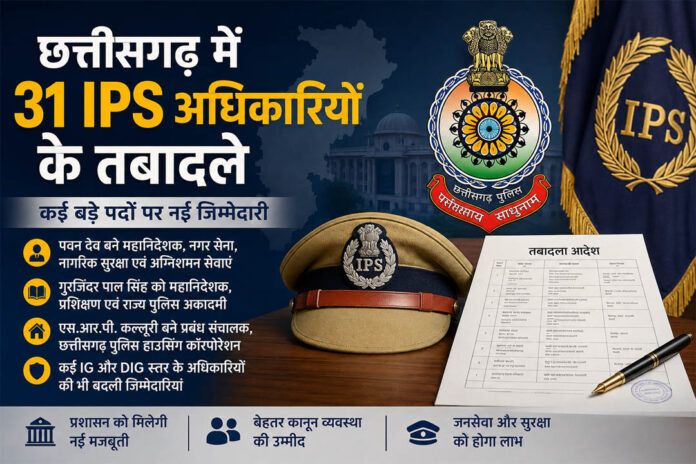 छत्तीसगढ़ में 31 IPS अधिकारियों के तबादले, कई बड़े पदों पर नई जिम्मेदारी
