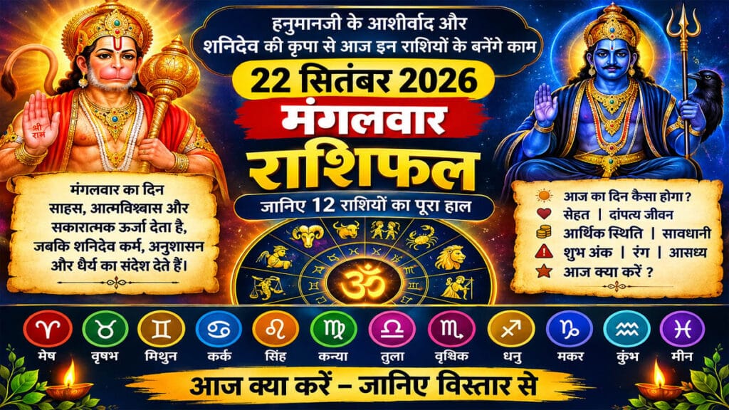 हनुमानजी के आशीर्वाद और शनिदेव की कृपा से आज इन राशियों के बनेंगे काम, पढ़ें 22 सितंबर 2026 मंगलवार का राशिफल