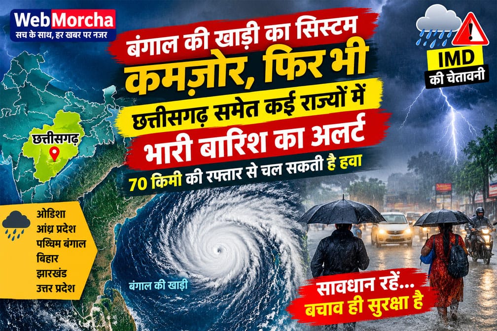 बंगाल की खाड़ी का सिस्टम कमजोर, फिर भी छत्तीसगढ़ में भारी बारिश का अलर्ट; 70 किमी की रफ्तार से चल सकती है हवा