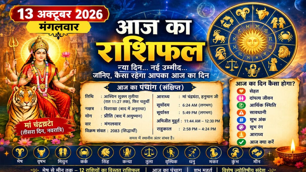 आज का राशिफल 13 अक्टूबर 2026, मंगलवार: किस राशि पर बरसेगी मां चंद्रघंटा की कृपा, कहां मिलेगा धन और रिश्तों में आएगी मिठास?