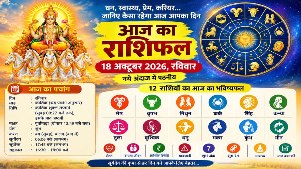 आज का राशिफल, 18 अक्टूबर 2026 रविवार: सूर्यदेव की कृपा से किस राशि के चमकेंगे भाग्य, जानें मेष से मीन तक भविष्यफल