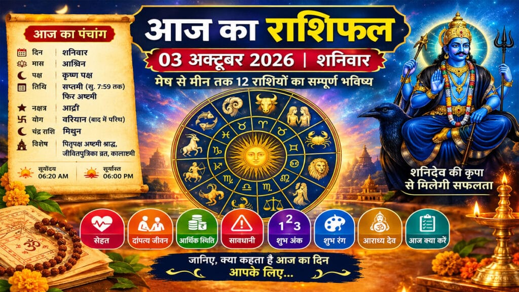 आज का राशिफल 3 अक्टूबर 2026: शनिवार को किस राशि के खुलेंगे तरक्की के रास्ते? जानें 12 राशियों का भविष्य, धन, सेहत और दांपत्य जीवन