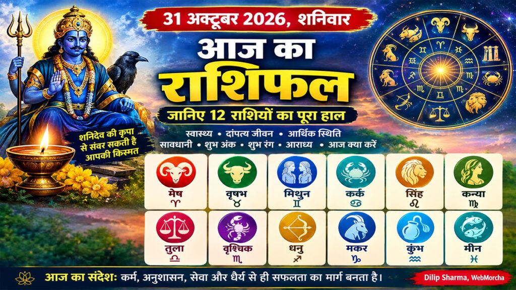 आज का राशिफल 31 अक्टूबर 2026, शनिवार: शनि देव की कृपा से किसकी चमकेगी किस्मत? जानिए 12 राशियों का हाल