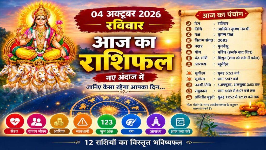 आज का राशिफल 04 अक्टूबर 2026, रविवार: किस राशि की चमकेगी किस्मत, कहां मिलेगा धन लाभ और किसे रहना होगा सावधान?
