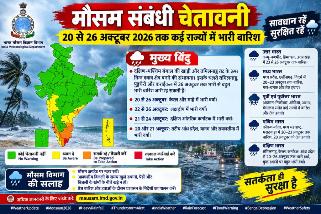 मौसम अलर्ट: 26 अक्टूबर तक कई राज्यों में भारी बारिश की चेतावनी, तमिलनाडु में बहुत भारी वर्षा के आसार
